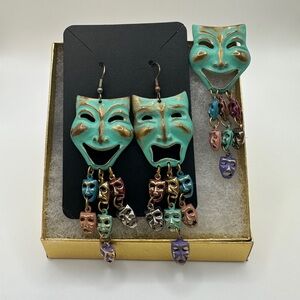 Drama Mask Dangle Earrings and Pin Set - Copper-tone Tragedy and Comedy Mask 🎭
